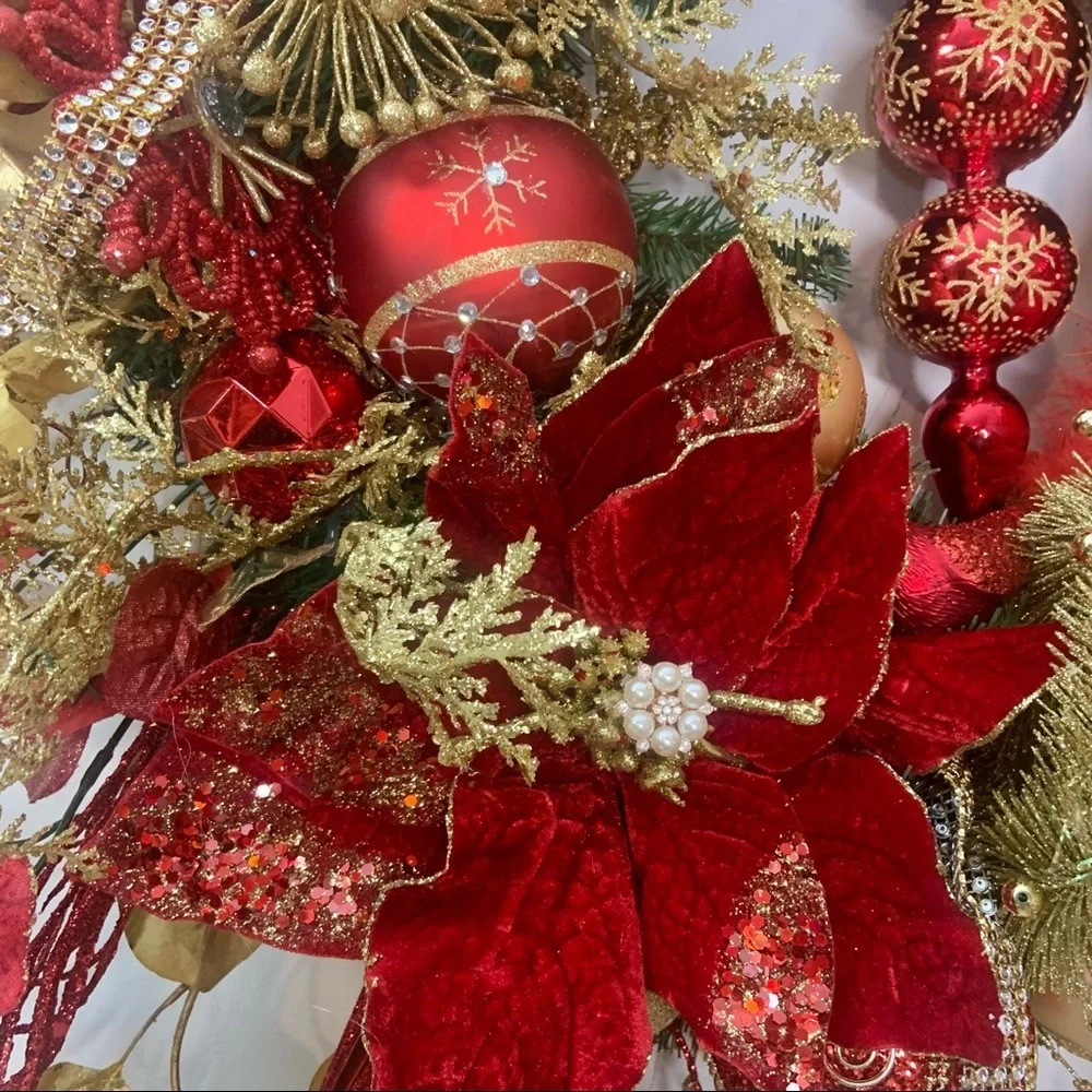 New Elegant Large Christmas Red Gold Sparkling Poinsettia Door Wall Wreath